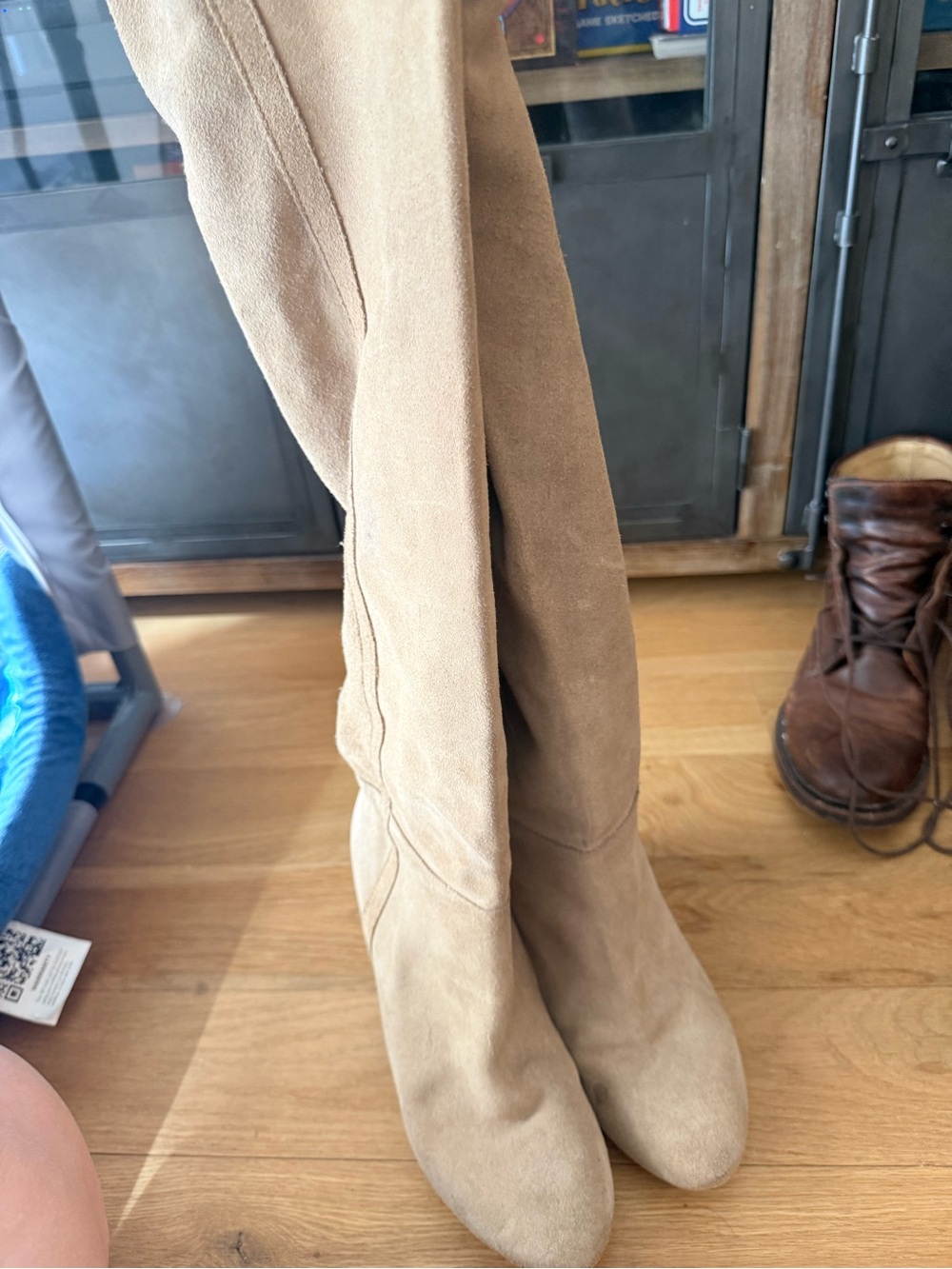 Zara Beige Suede Over-the-Knee Heeled Boots